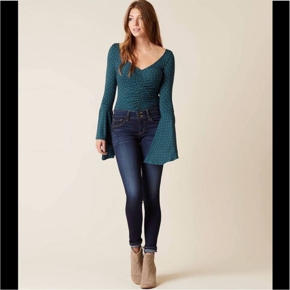 🍀 3/$30 We the Free what a babe polka dot ruched cinched bell sleeve bohemian XS - Picture 12 of 13